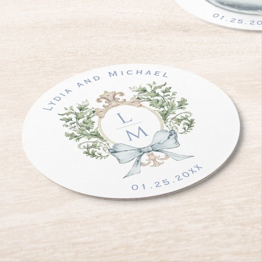 Elegant blad kam w / boog | Monogram bruiloft Ronde Kartonnen Onderzetter (Gebogen)