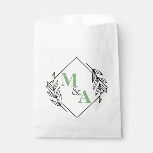 Elegant blad krans monogrammen groen bruiloft bedankzakje (Voorkant)