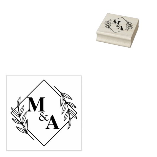 Elegant blad krans monogrammen groen bruiloft rubberstempel (Gestempeld)