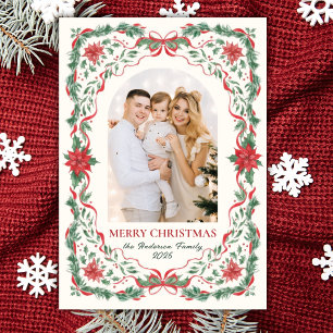 Elegant blad rode boog boog foto Kerstmis Feestdagenkaart