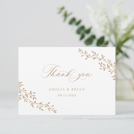 Elegant blad tak botanische gouden script bruiloft bedankkaart (Staand voorkant)