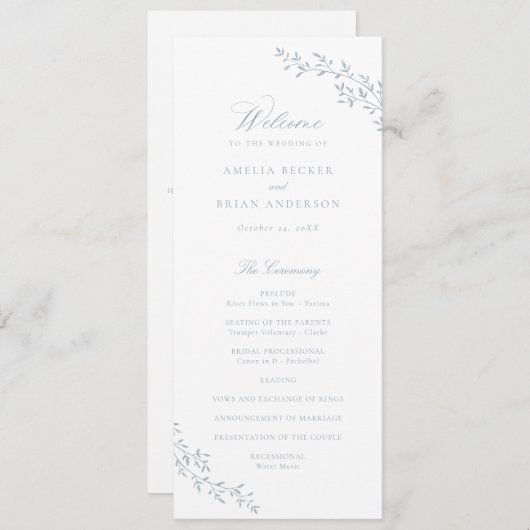 Elegant blad tak stoffig blauwe huwelijksprogramma programmakaart (Voorkant / Achterkant)