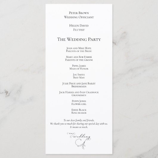 Elegant Blad Zwart Script Typografie Bruiloft Programmakaart (Achterkant)