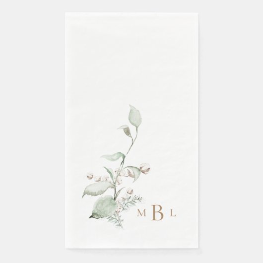 Elegant Bladerwerk & Katoen Monogram Bruiloft Servet (Voorkant)