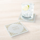 Elegant bladgoud op witte bruiloft glazen onderzetter (Schuin)