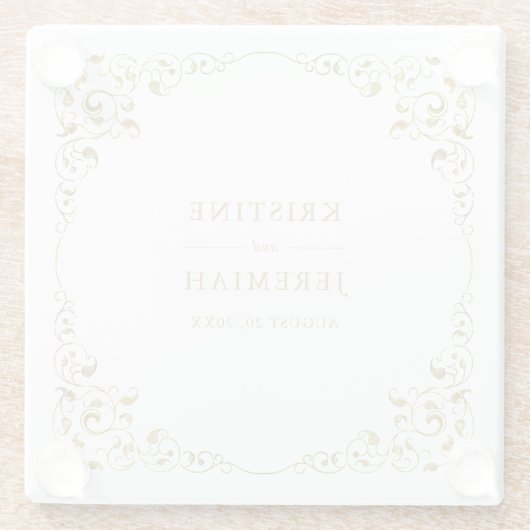 Elegant bladgoud op witte bruiloft glazen onderzetter (Achterkant)