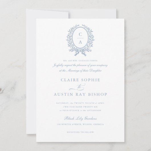 Elegant Bladkrans Monogram Crest Bruiloft Kaart (Voorkant)