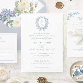  Elegant Bladkrans Monogram Crest Bruiloft Kaart