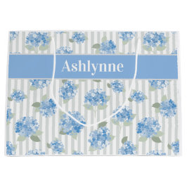 Elegant Blau Hortensia Patroon Grijze Streep Naam Groot Cadeauzakje