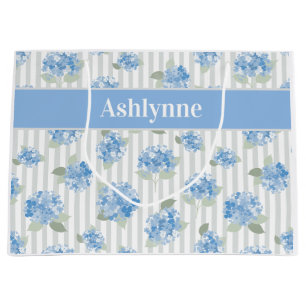 Elegant Blau Hortensia Patroon Grijze Streep Naam Groot Cadeauzakje