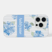 Elegant Blau Hortensia Patroon Grijze Streep Naam iPhone Hoesje (Achterkant horizontaal)
