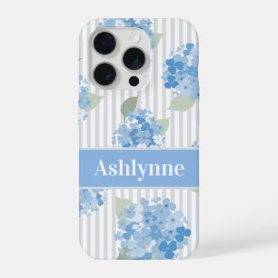 Elegant Blau Hortensia Patroon Grijze Streep Naam iPhone 15 Pro Case