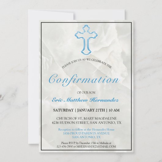 Elegant Blau Kruis Marmer Jongens Bevestiging Kaart (Voorkant)