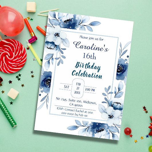Elegant blauw 16e verjaardag bloementinten van bla kaart