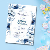 Elegant blauw 17e verjaardag bloementinten van bla kaart