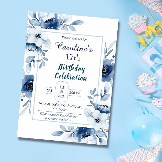 Elegant blauw 17e verjaardag bloementinten van bla kaart