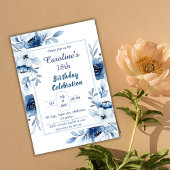 Elegant blauw 18e verjaardag bloementinten van bla kaart