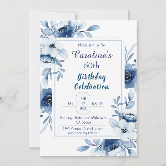 Elegant blauw 50e verjaardag bloementinten van bla kaart (Voorkant)
