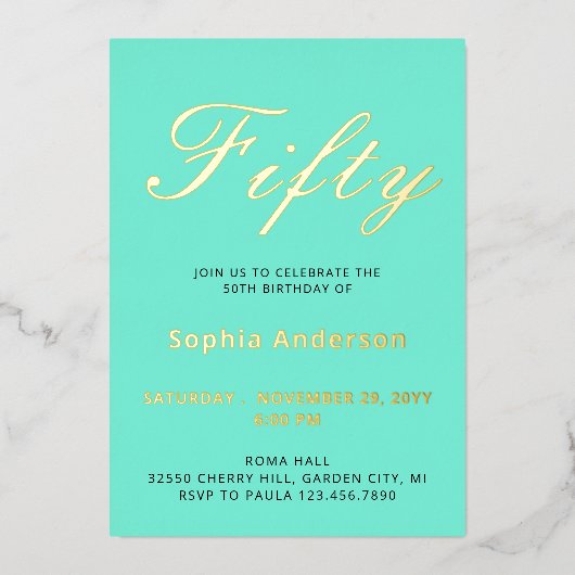 Elegant Blauw 50ste Verjaardag Folie Uitnodiging (Voorkant)