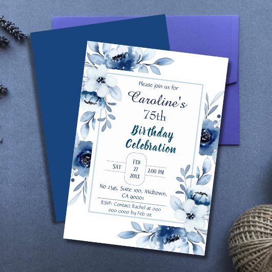 Elegant blauw 75e verjaardag bloementinten van bla kaart