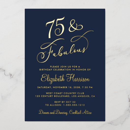 Elegant blauw 75e verjaardagsfeest folie uitnodiging (Voorkant)