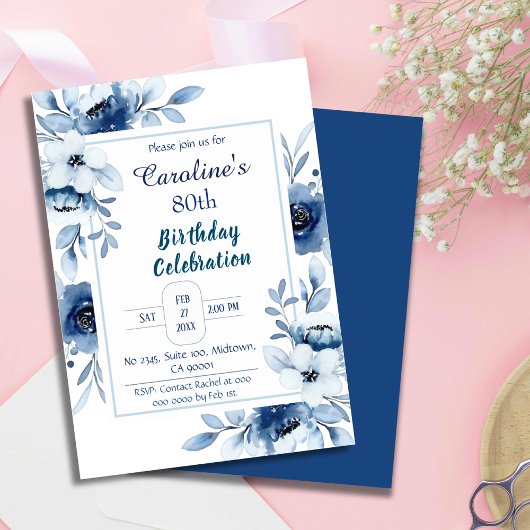 Elegant blauw 80e verjaardag bloementinten van bla kaart