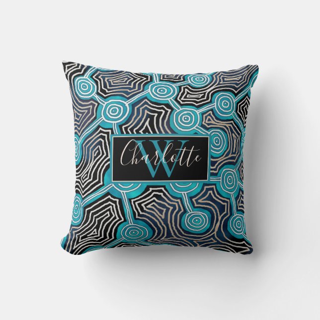 Elegant Blauw Abstract Schrift Monogram Kussen (Voorkant)