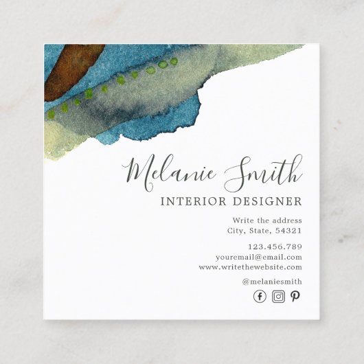 Elegant Blauw Abstract Waterverf Interieur Designe Vierkante Visitekaartje (Achterkant)