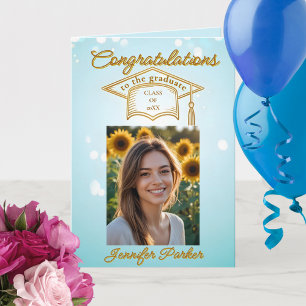 Elegant blauw Afstuderen met foto- en gouden accen Kaart