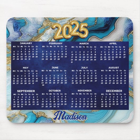 Elegant blauw aqua marmer kunst faux glitter 2025 muismat (Voorkant)