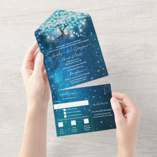 Elegant Blauw Aqua Teal Hartblad Boom Bruiloft All In One Uitnodiging