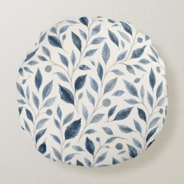 Elegant Blauw Aquarel Bladeren Patroon Rond Kussen