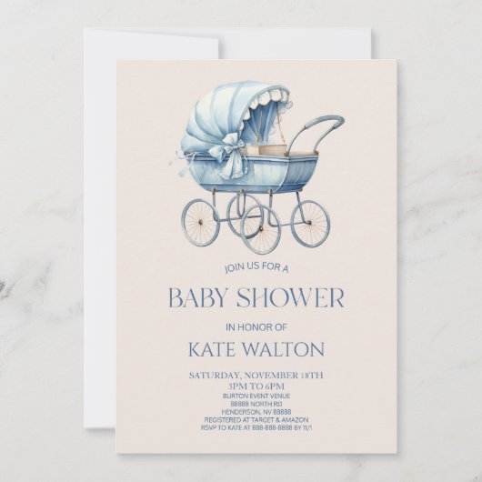 Elegant Blauw  Baby Carriage Baby shower Kaart (Voorkant)