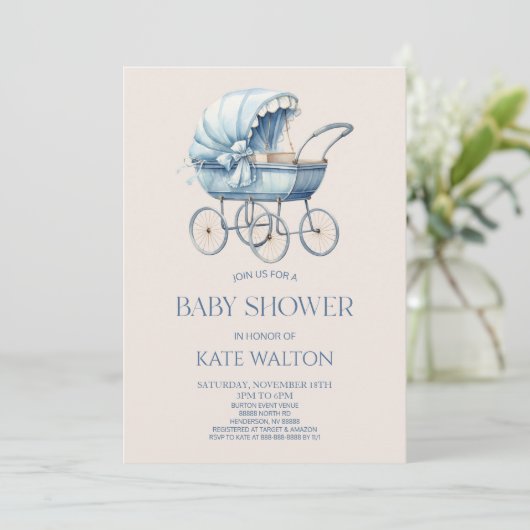 Elegant Blauw Baby Carriage Baby shower Kaart (Staand voorkant)