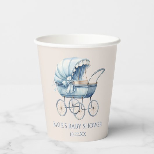 Elegant Blauw  Baby Carriage Baby shower Papieren Bekers (Achterkant)