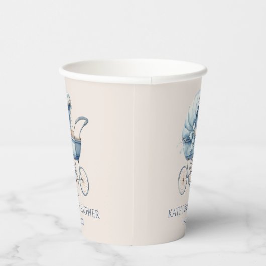 Elegant Blauw  Baby Carriage Baby shower Papieren Bekers (Rechts)