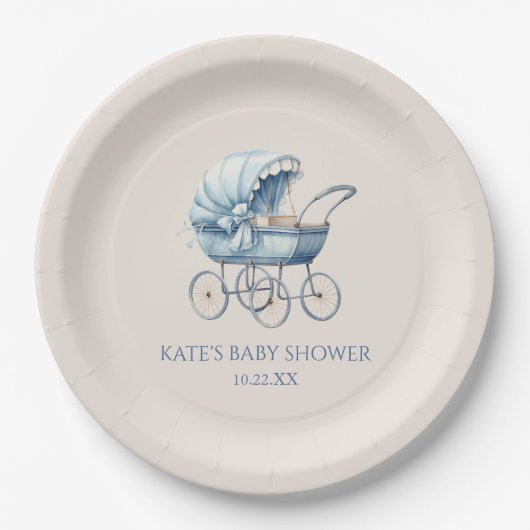 Elegant Blauw  Baby Carriage Baby shower Papieren Bordje (Voorkant)