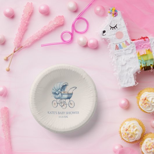 Elegant Blauw  Baby Carriage Baby shower Papieren Kommen (Feest)