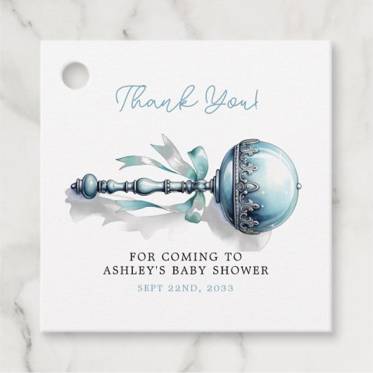 Elegant blauw Baby rammelaar jongen Baby shower Bedankjes Labels (Voorkant)