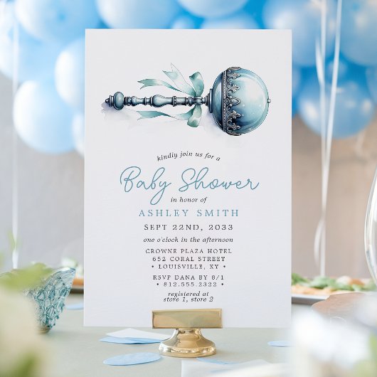 Elegant blauw Baby rammelaar jongen Baby shower Kaart
