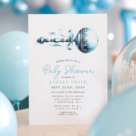 Elegant blauw Baby rammelaar jongen Baby shower Kaart