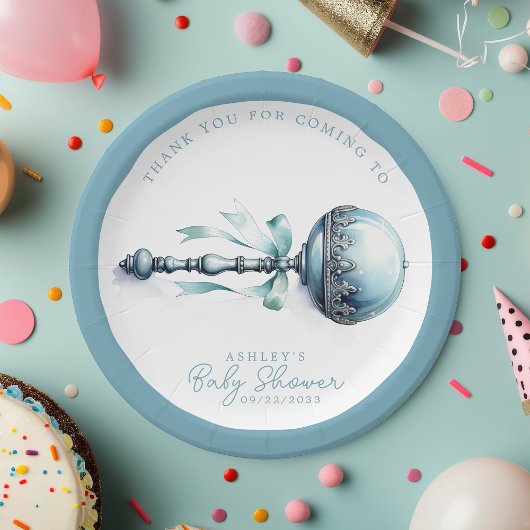 Elegant blauw Baby rammelaar jongen Baby shower Papieren Bordje