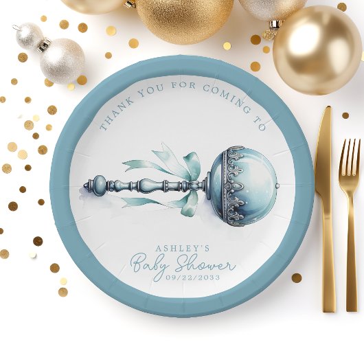 Elegant blauw Baby rammelaar jongen Baby shower Papieren Bordje