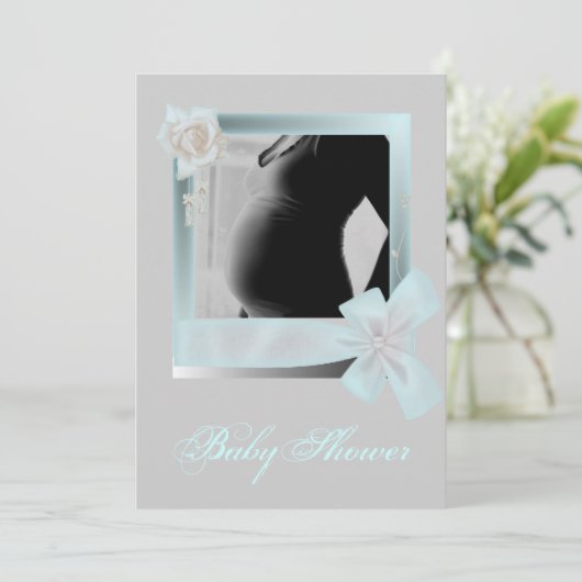 Elegant blauw Baby shower foto uitnodiging (Staand voorkant)