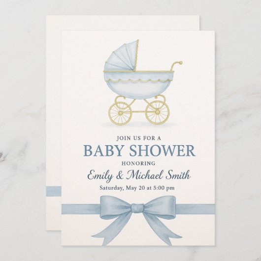 Elegant blauw Baby shower uitnodiging Sjabloon (Voorkant / Achterkant)