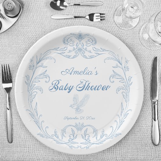 Elegant Blauw Barok Vogel Baby shower Papieren Bordje