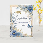 Elegant blauw beige bloem gepersonaliseerd Afstude Kaart (Gele Bloem)