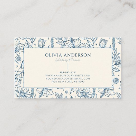 Elegant Blauw & Beige Bloemen Moderne Lijn Kunst U Visitekaartje (Achterkant)