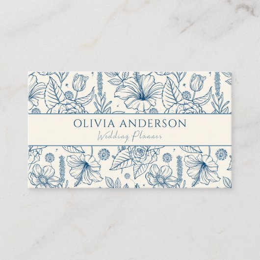 Elegant Blauw & Beige Bloemen Moderne Lijn Kunst U Visitekaartje (Voorkant)