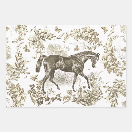 Elegant  Blauw Beige Grijs Paard Bloemen Toile Inpakpapier Vel (Voorkant 3)
